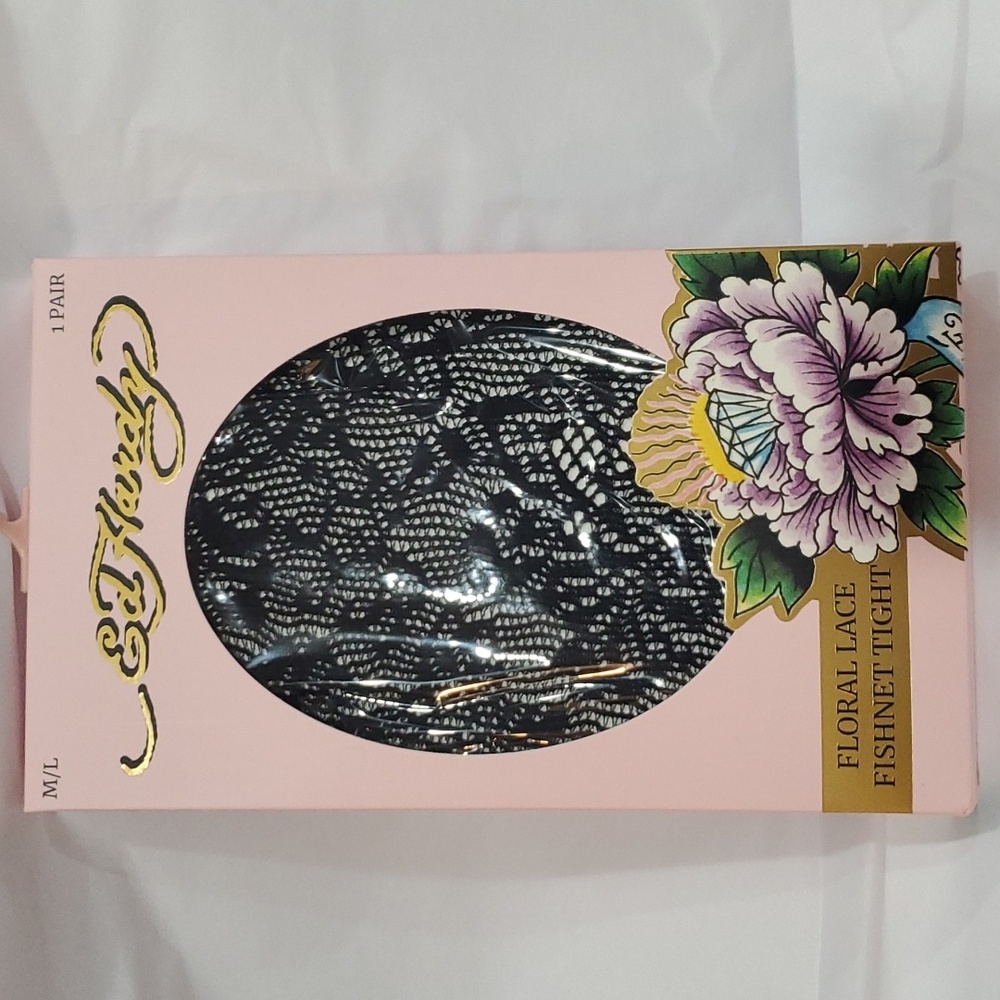 Ed Hardy‎ black floral lace fishnet tights stockings pantyhose size M/L new